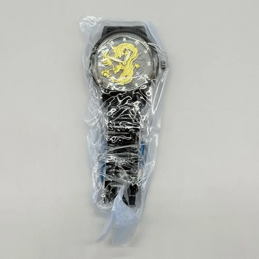 Mens All Black Metal Watch 3D Gold Dragon Sculpted Dial Rhinestone Indices New